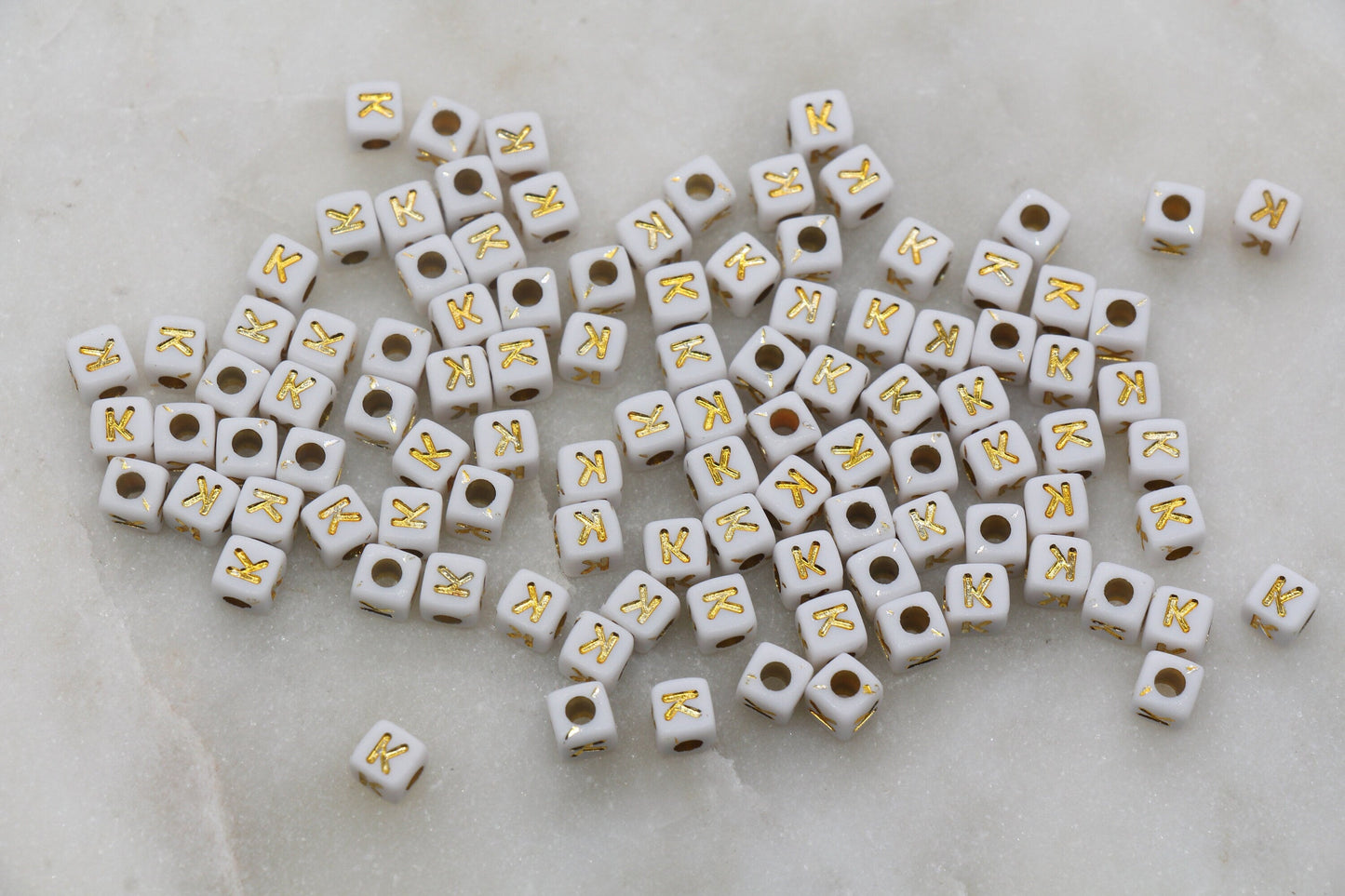 Letter K Cube Beads, Individual Letter Beads, White and Gold Cube Alphabet Letter Beads, Gold Letter Beads, Square Name Beads, Size 4.8mm