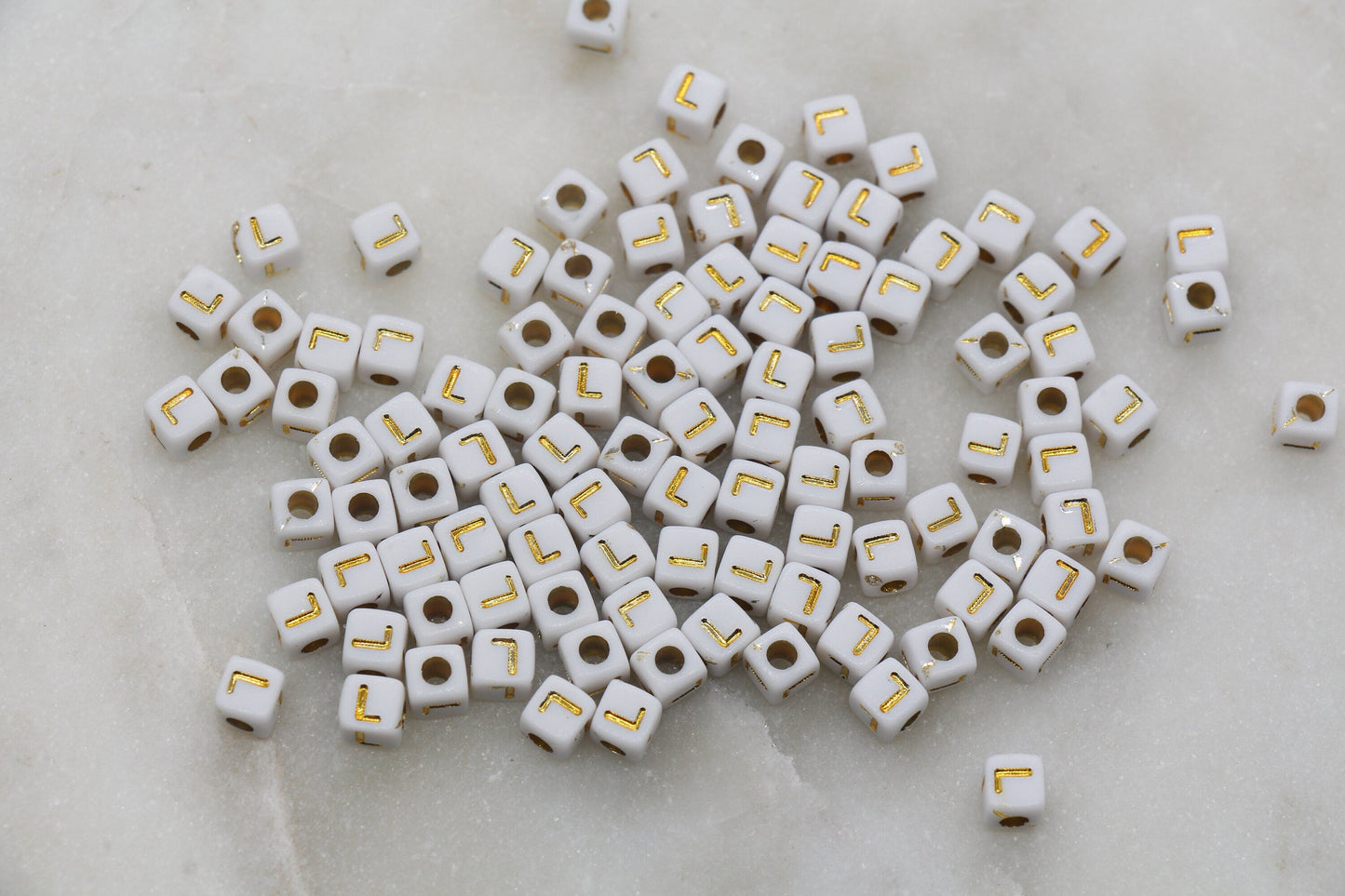 Letter L Cube Beads, Individual Letter Beads, White and Gold Cube Alphabet Letter Beads, Gold Letter Beads, Square Name Beads, Size 4.8mm