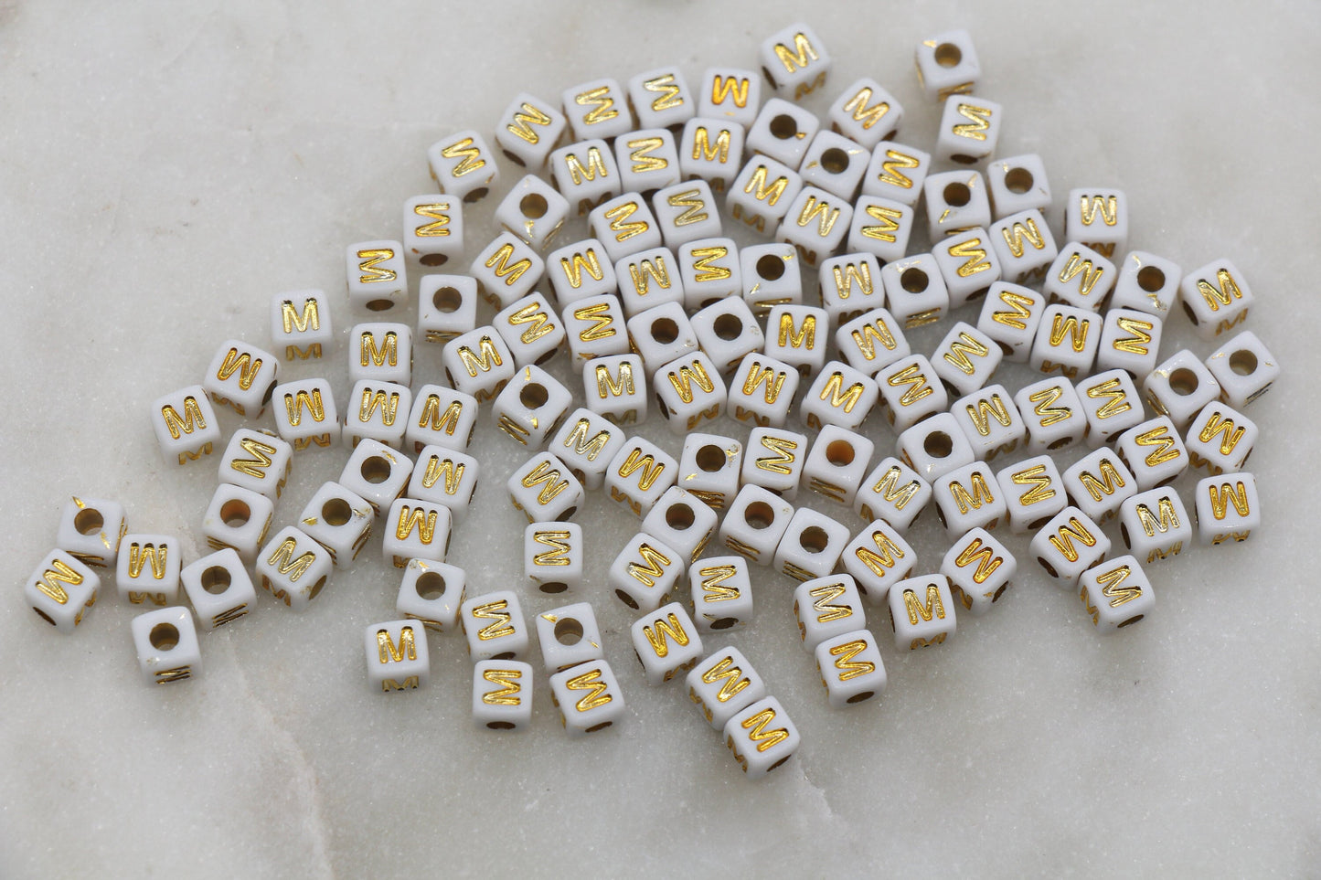 Letter M Cube Beads, Individual Letter Beads, White and Gold Cube Alphabet Letter Beads, Gold Letter Beads, Square Name Beads, Size 4.8mm