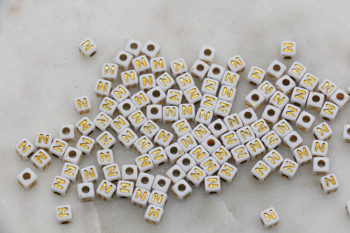 Letter N Cube Beads, Individual Letter Beads, White and Gold Cube Alphabet Letter Beads, Gold Letter Beads, Square Name Beads, Size 4.8mm