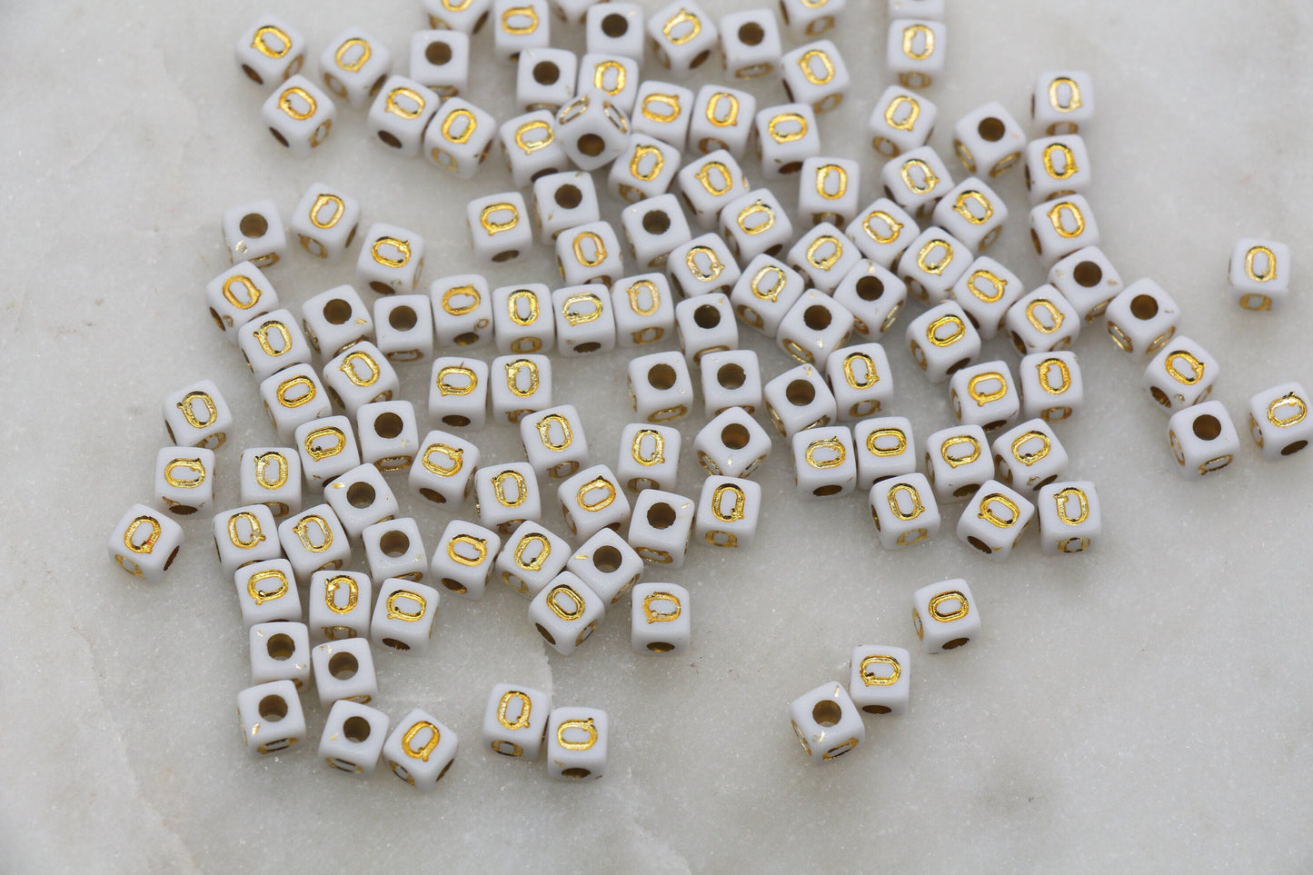 Letter Q Cube Beads, Individual Letter Beads, White and Gold Cube Alphabet Letter Beads, Gold Letter Beads, Square Name Beads, Size 4.8mm