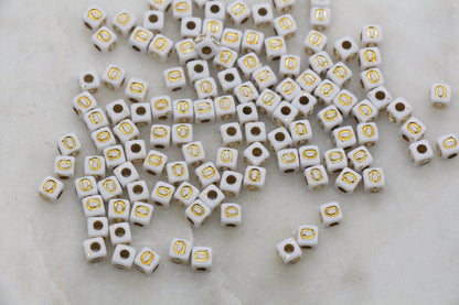 Letter Q Cube Beads, Individual Letter Beads, White and Gold Cube Alphabet Letter Beads, Gold Letter Beads, Square Name Beads, Size 4.8mm