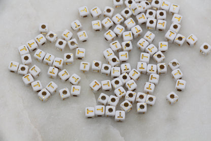 Letter T Cube Beads, Individual Letter Beads, White and Gold Cube Alphabet Letter Beads, Gold Letter Beads, Square Name Beads, Size 4.8mm