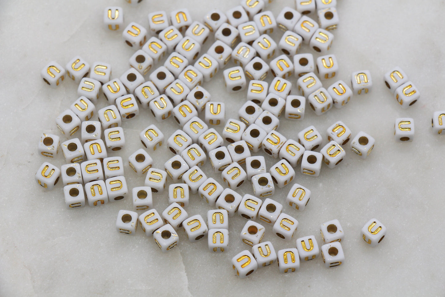 Letter U Cube Beads, Individual Letter Beads, White and Gold Cube Alphabet Letter Beads, Gold Letter Beads, Square Name Beads, Size 4.8mm