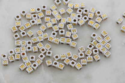 Letter W Cube Beads, Individual Letter Beads, White and Gold Cube Alphabet Letter Beads, Gold Letter Beads, Square Name Beads, Size 4.8mm