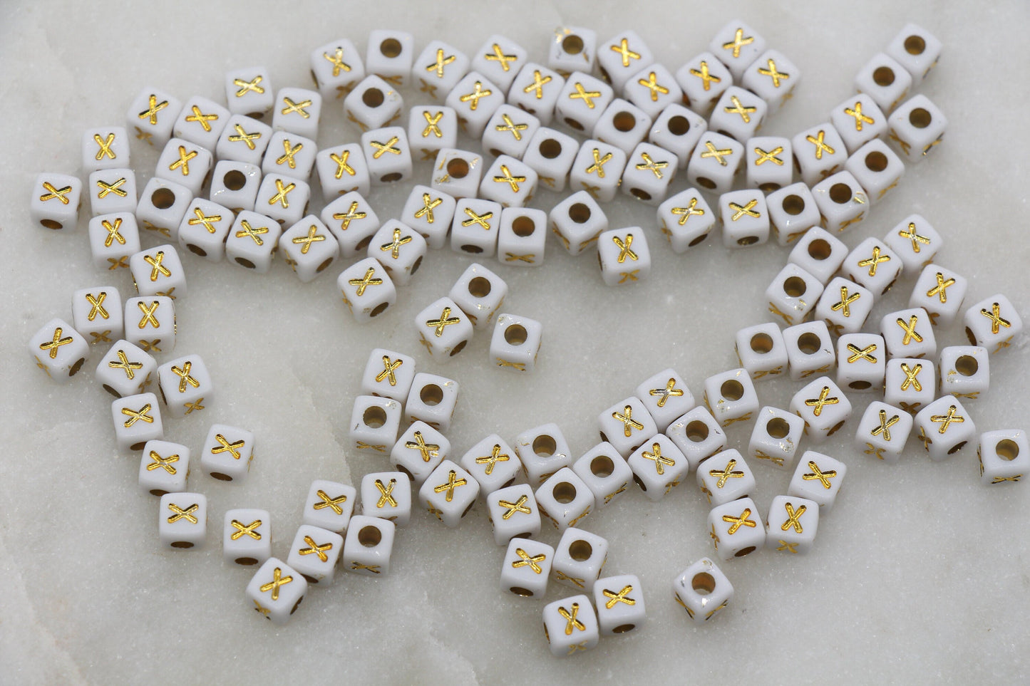 Letter X Cube Beads, Individual Letter Beads, White and Gold Cube Alphabet Letter Beads, Gold Letter Beads, Square Name Beads, Size 4.8mm