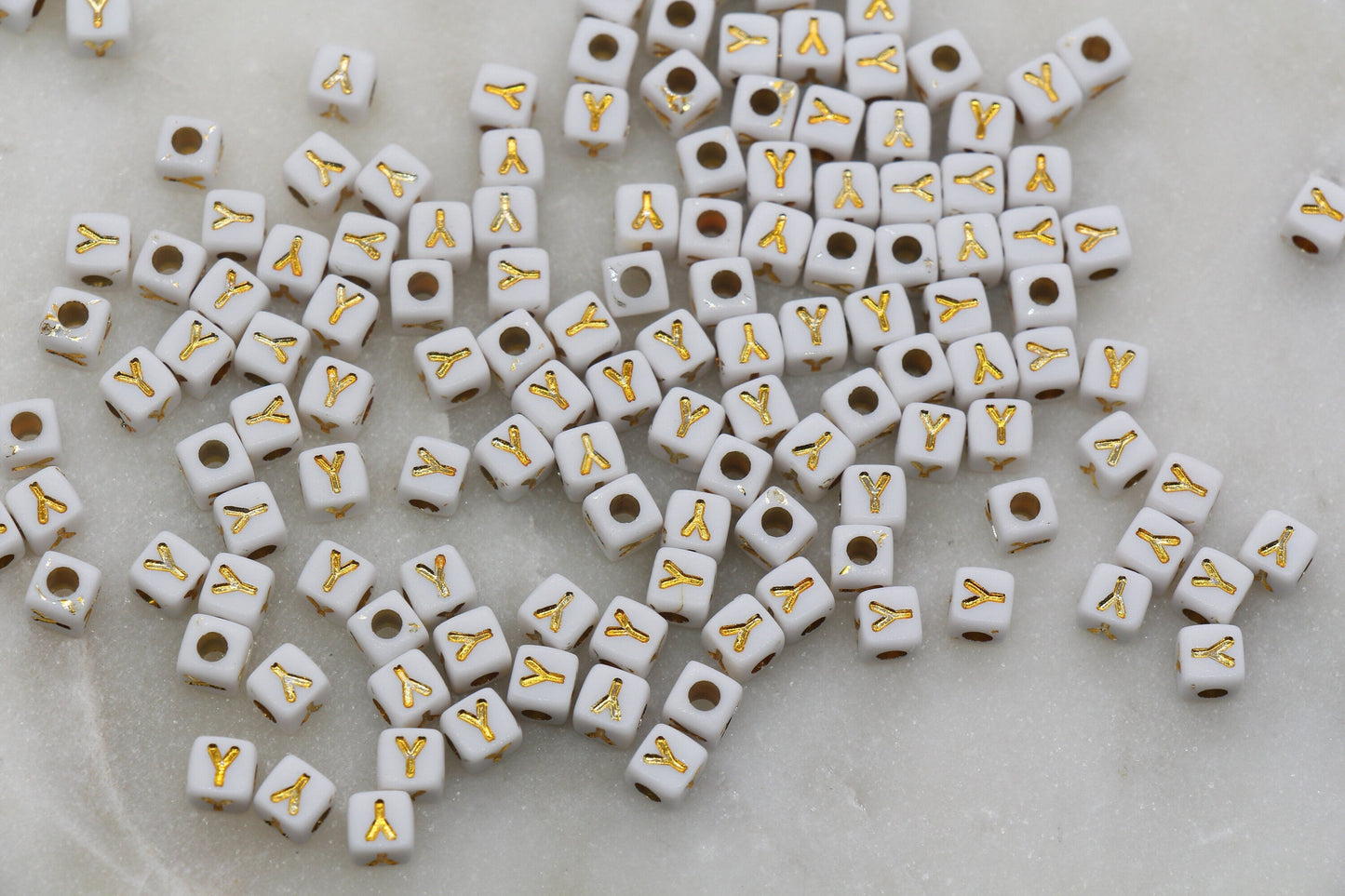 Letter Y Cube Beads, Individual Letter Beads, White and Gold Cube Alphabet Letter Beads, Gold Letter Beads, Square Name Beads, Size 4.8mm