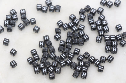 Letter H Cube Beads, Individual Letter Beads, Black and White Cube Alphabet Letter Beads, Gold Letter Beads, Square Name Beads, Size 4.8mm