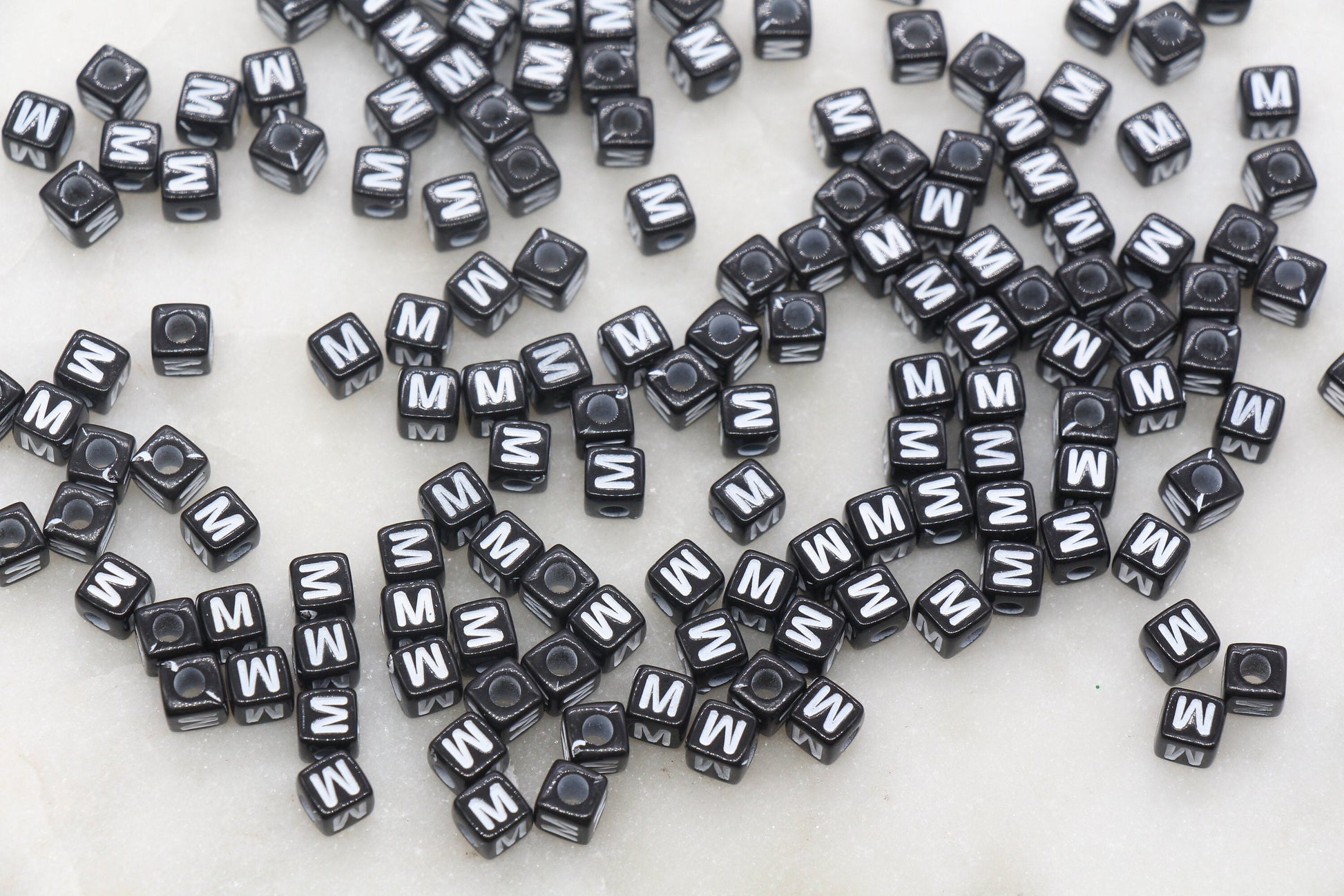 Letter M Cube Beads, Individual Letter Beads, Black and White Cube Alphabet Letter Beads, Gold Letter Beads, Square Name Beads, Size 4.8mm