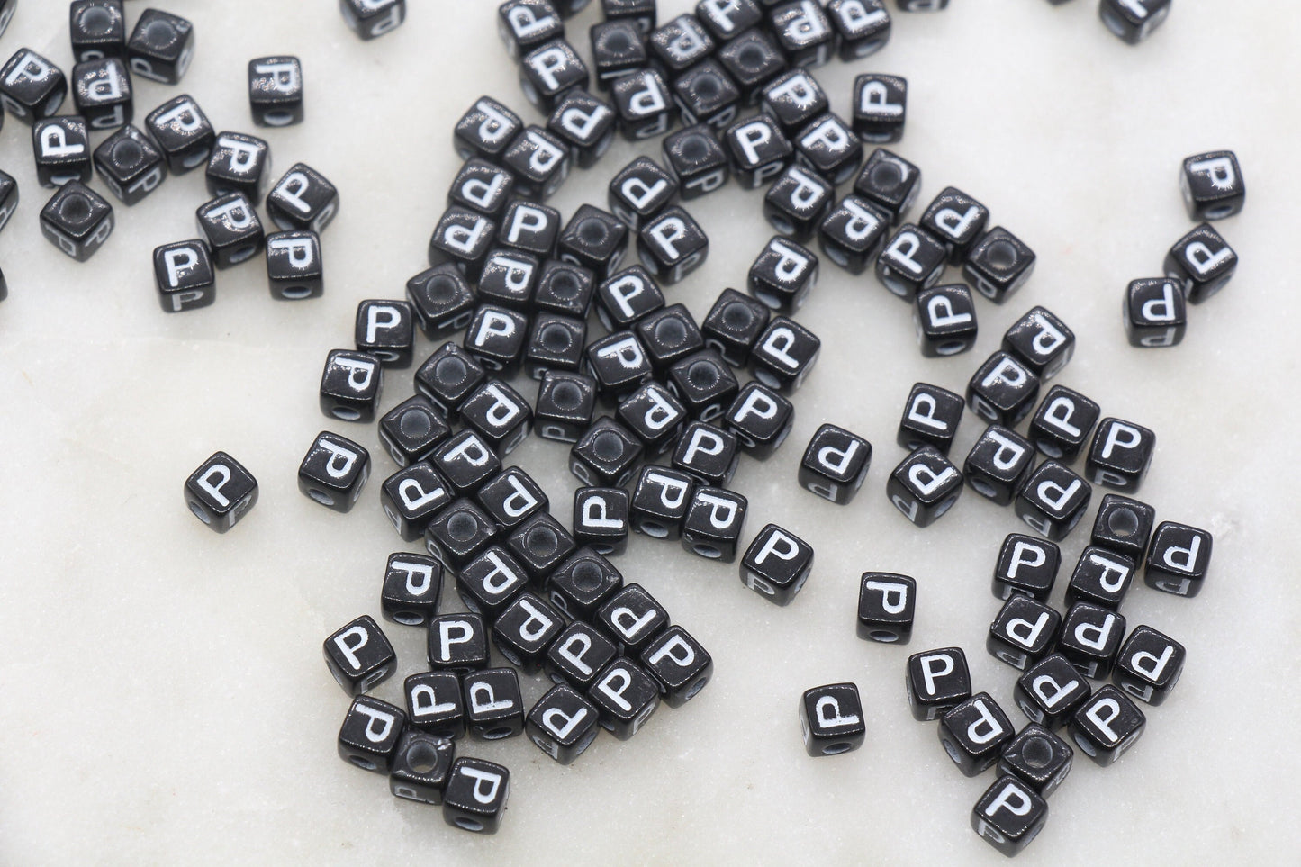 Letter P Cube Beads, Individual Letter Beads, Black and White Cube Alphabet Letter Beads, Gold Letter Beads, Square Name Beads, Size 4.8mm