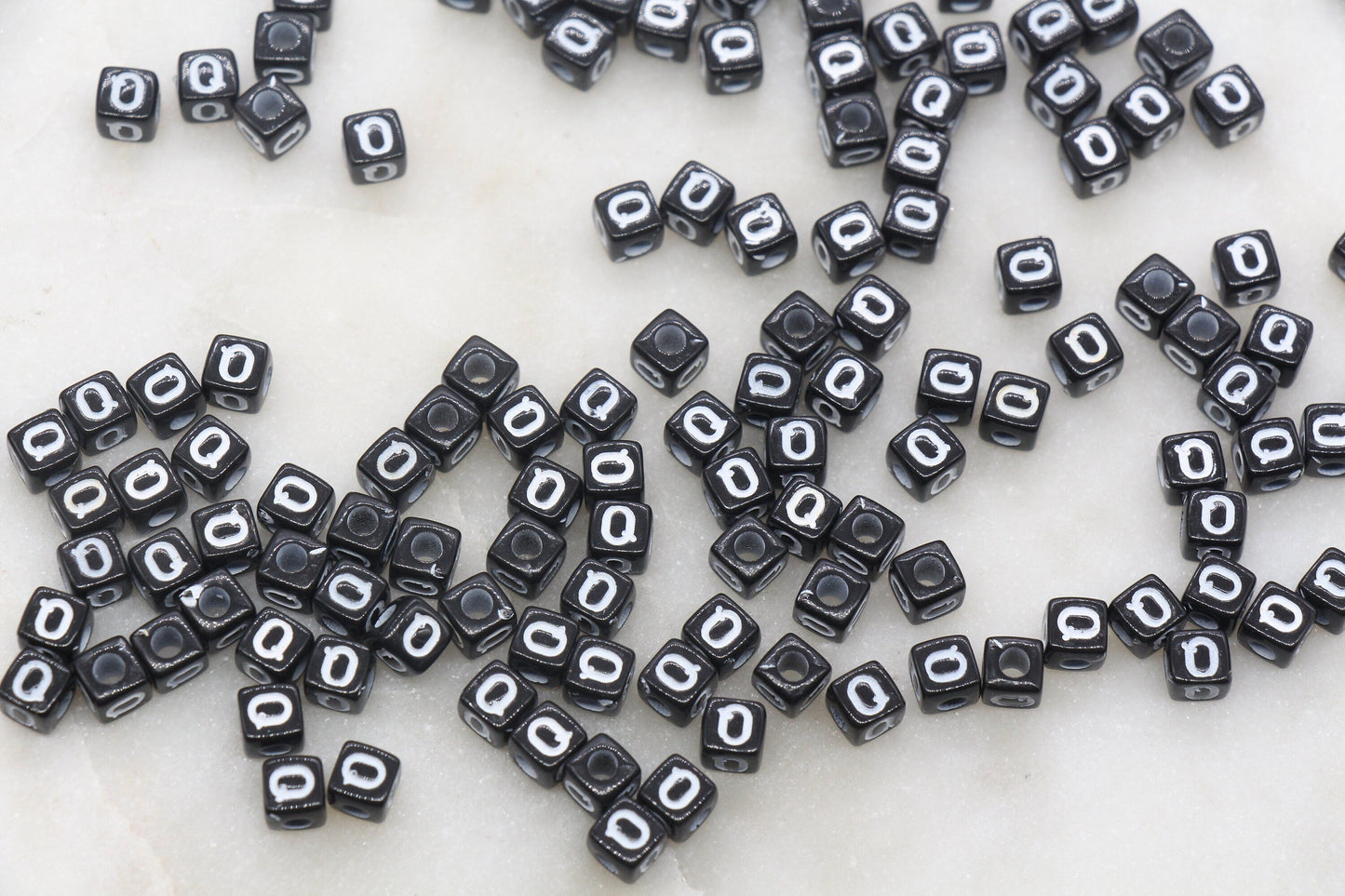 Letter Q Cube Beads, Individual Letter Beads, Black and White Cube Alphabet Letter Beads, Gold Letter Beads, Square Name Beads, Size 4.8mm