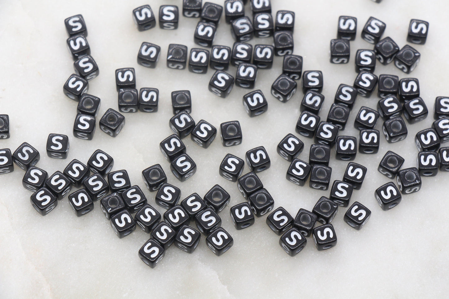 Letter S Cube Beads, Individual Letter Beads, Black and White Cube Alphabet Letter Beads, Gold Letter Beads, Square Name Beads, Size 4.8mm