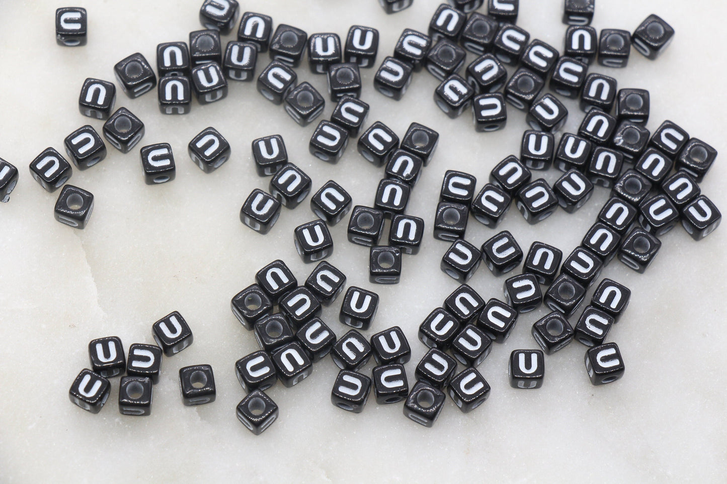 Letter U Cube Beads, Individual Letter Beads, Black and White Cube Alphabet Letter Beads, Gold Letter Beads, Square Name Beads, Size 4.8mm