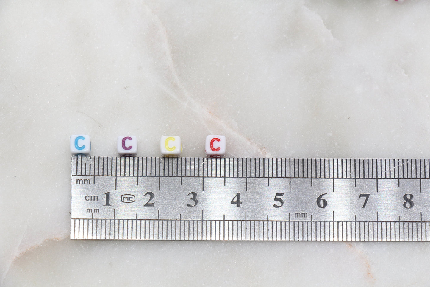 Letter C Cube Beads, Individual Letter Beads, Multicolored Cube Alphabet Beads, White with Rainbow Letter, Square Name Beads, Size 4.8mm