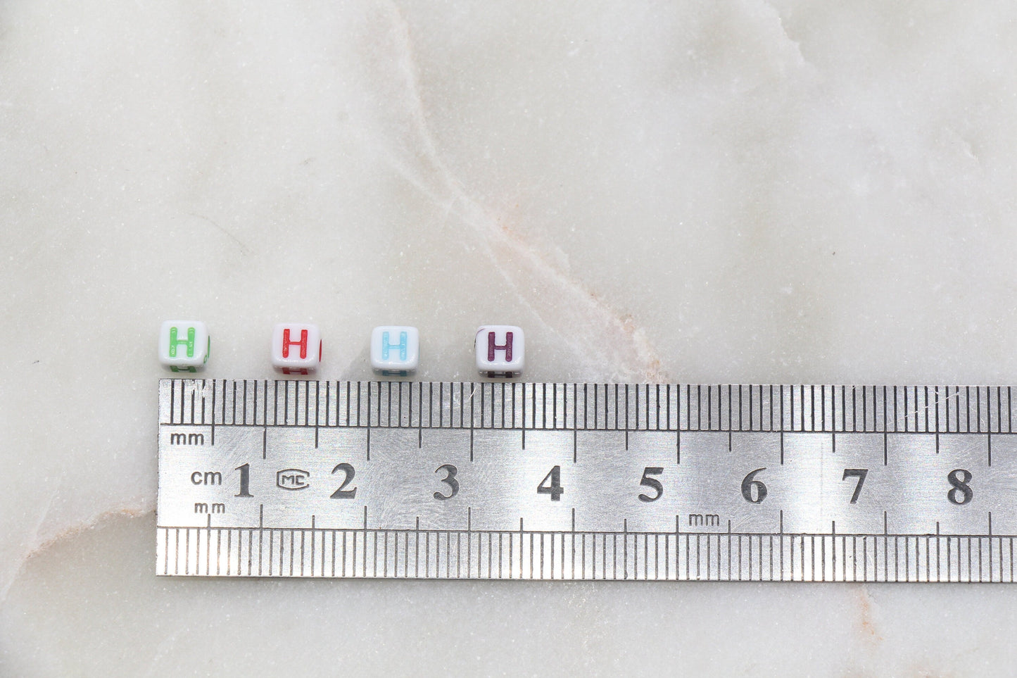 Letter H Cube Beads, Individual Letter Beads, Multicolored Cube Alphabet Beads, White with Rainbow Letter, Square Name Beads, Size 4.8mm