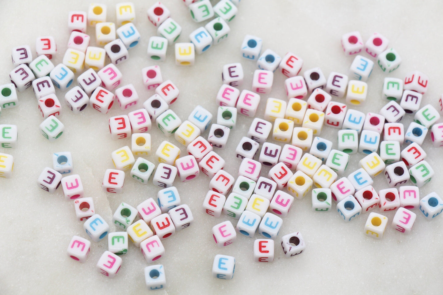 Letter E Cube Beads, Individual Letter Beads, Multicolored Cube Alphabet Beads, White with Rainbow Letter, Square Name Beads, Size 4.8mm