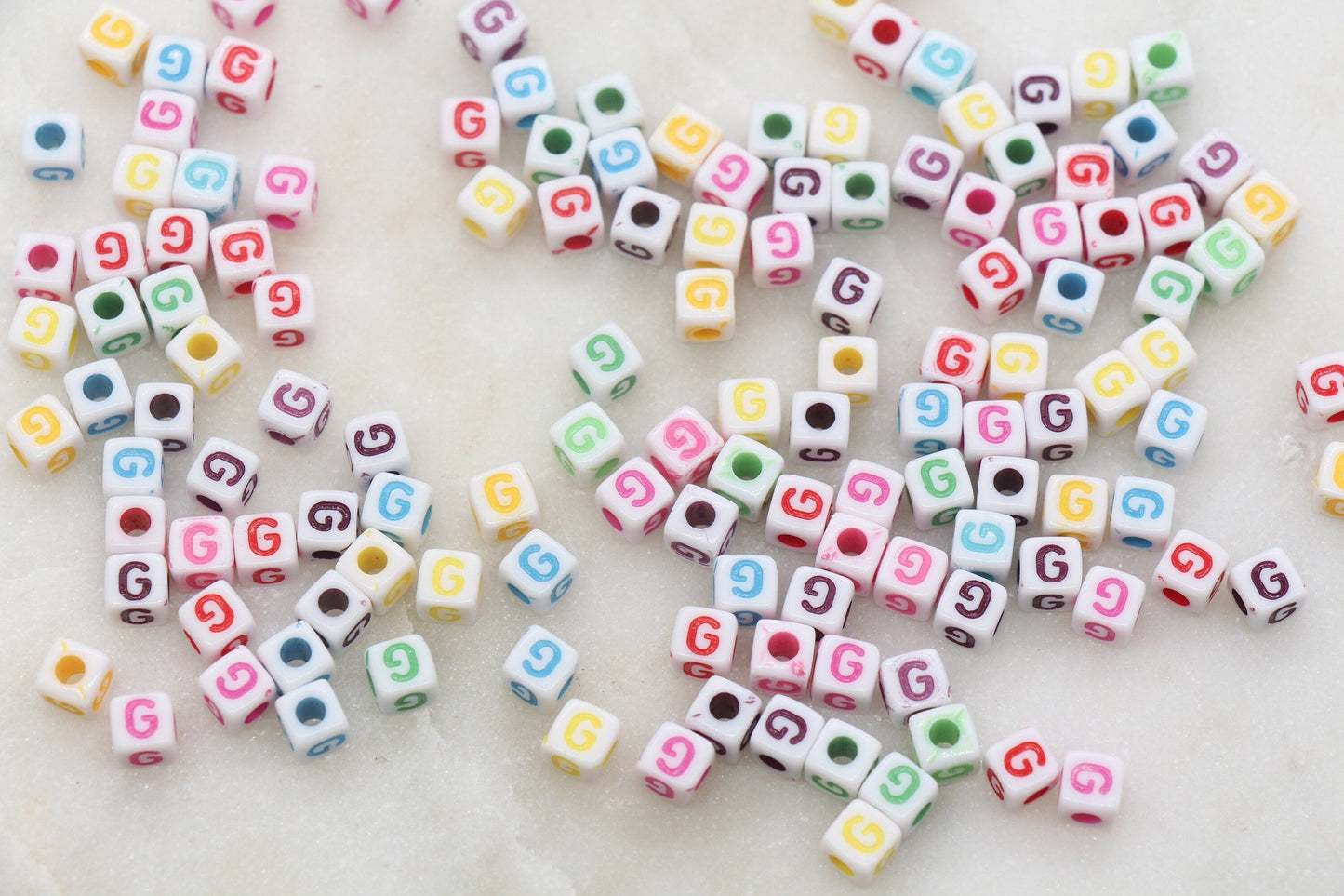 Letter G Cube Beads, Individual Letter Beads, Multicolored Cube Alphabet Beads, White with Rainbow Letter, Square Name Beads, Size 4.8mm