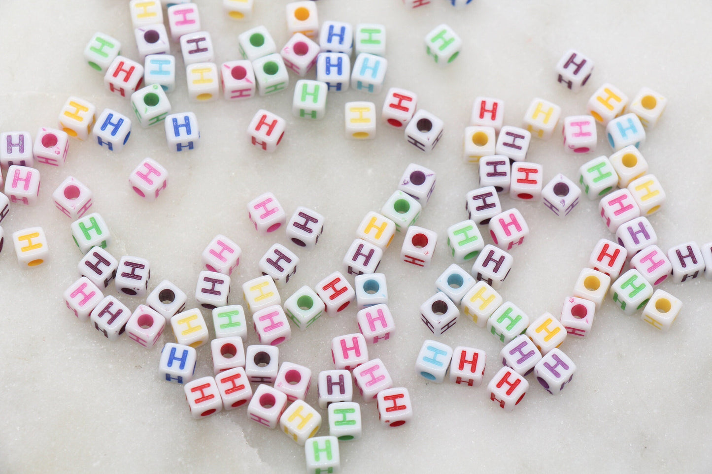 Letter H Cube Beads, Individual Letter Beads, Multicolored Cube Alphabet Beads, White with Rainbow Letter, Square Name Beads, Size 4.8mm