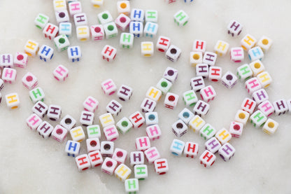 Letter H Cube Beads, Individual Letter Beads, Multicolored Cube Alphabet Beads, White with Rainbow Letter, Square Name Beads, Size 4.8mm