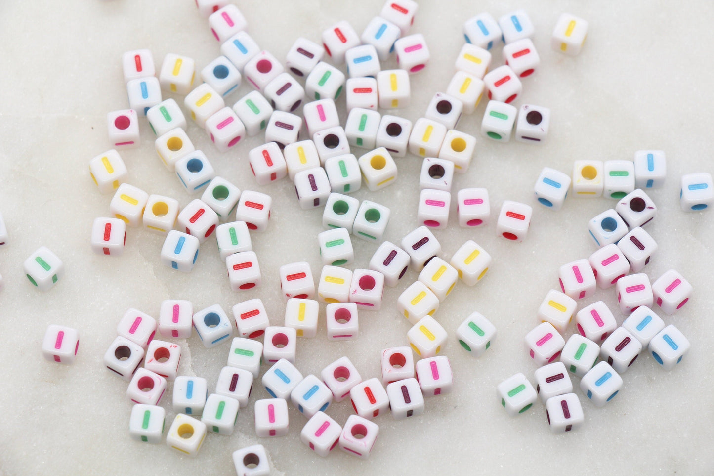 Letter I Cube Beads, Individual Letter Beads, Multicolored Cube Alphabet Beads, White with Rainbow Letter, Square Name Beads, Size 4.8mm