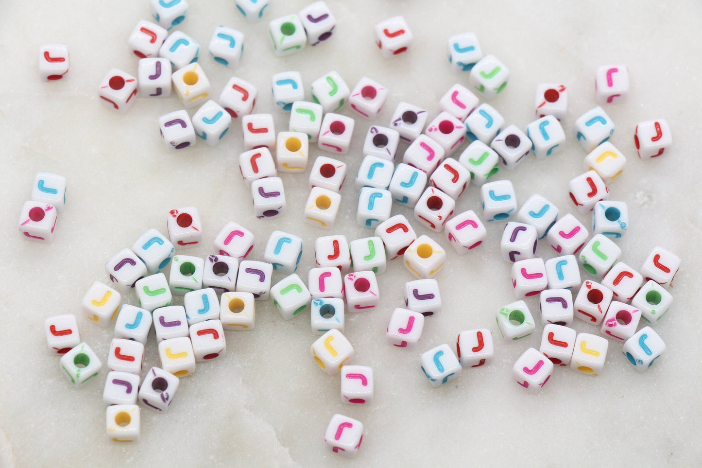 Letter J Cube Beads, Individual Letter Beads, Multicolored Cube Alphabet Beads, White with Rainbow Letter, Square Name Beads, Size 4.8mm