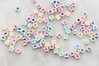 Letter K Cube Beads, Individual Letter Beads, Multicolored Cube Alphabet Beads, White with Rainbow Letter, Square Name Beads, Size 4.8mm