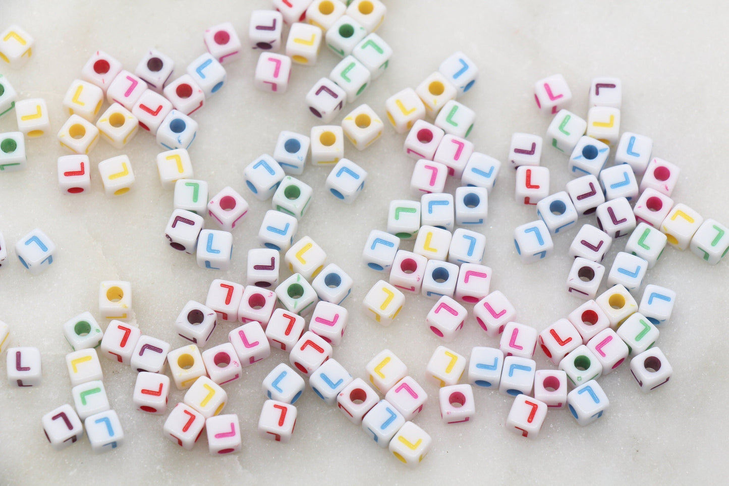 Letter L Cube Beads, Individual Letter Beads, Multicolored Cube Alphabet Beads, White with Rainbow Letter, Square Name Beads, Size 4.8mm