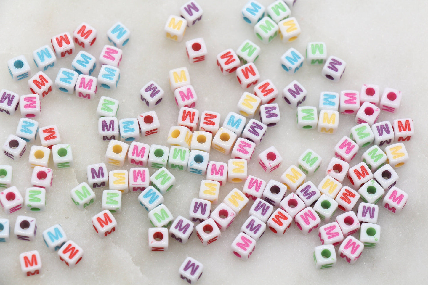 Letter M Cube Beads, Individual Letter Beads, Multicolored Cube Alphabet Beads, White with Rainbow Letter, Square Name Beads, Size 4.8mm