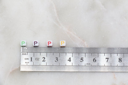 Letter P Cube Beads, Individual Letter Beads, Multicolored Cube Alphabet Beads, White with Rainbow Letter, Square Name Beads, Size 4.8mm