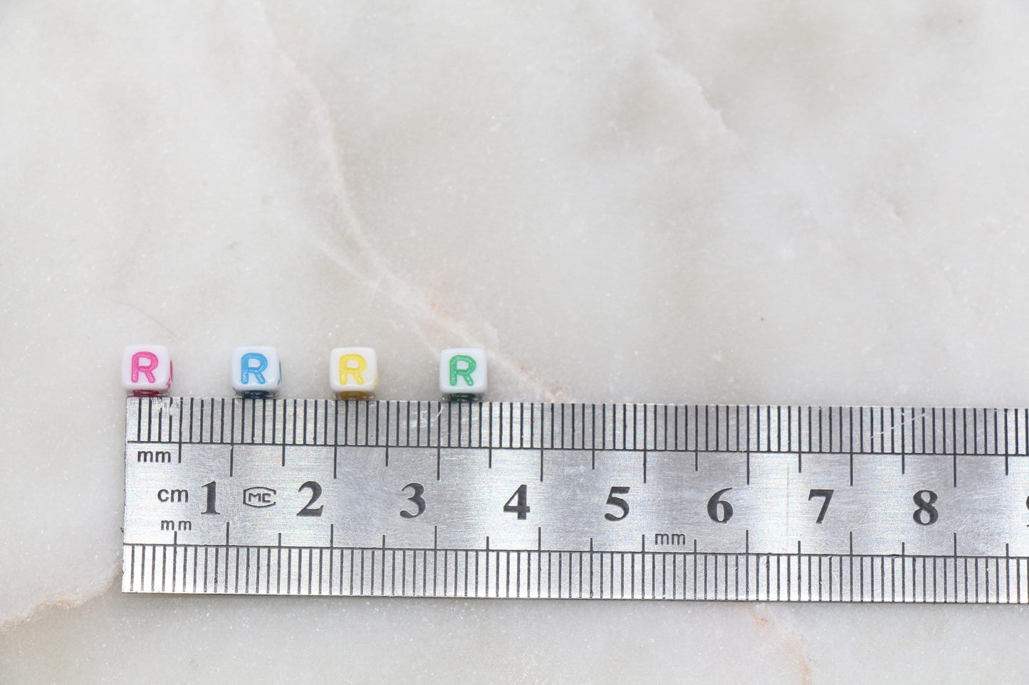 Letter R Cube Beads, Individual Letter Beads, Multicolored Cube Alphabet Beads, White with Rainbow Letter, Square Name Beads, Size 4.8mm