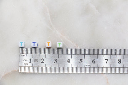 Letter T Cube Beads, Individual Letter Beads, Multicolored Cube Alphabet Beads, White with Rainbow Letter, Square Name Beads, Size 4.8mm