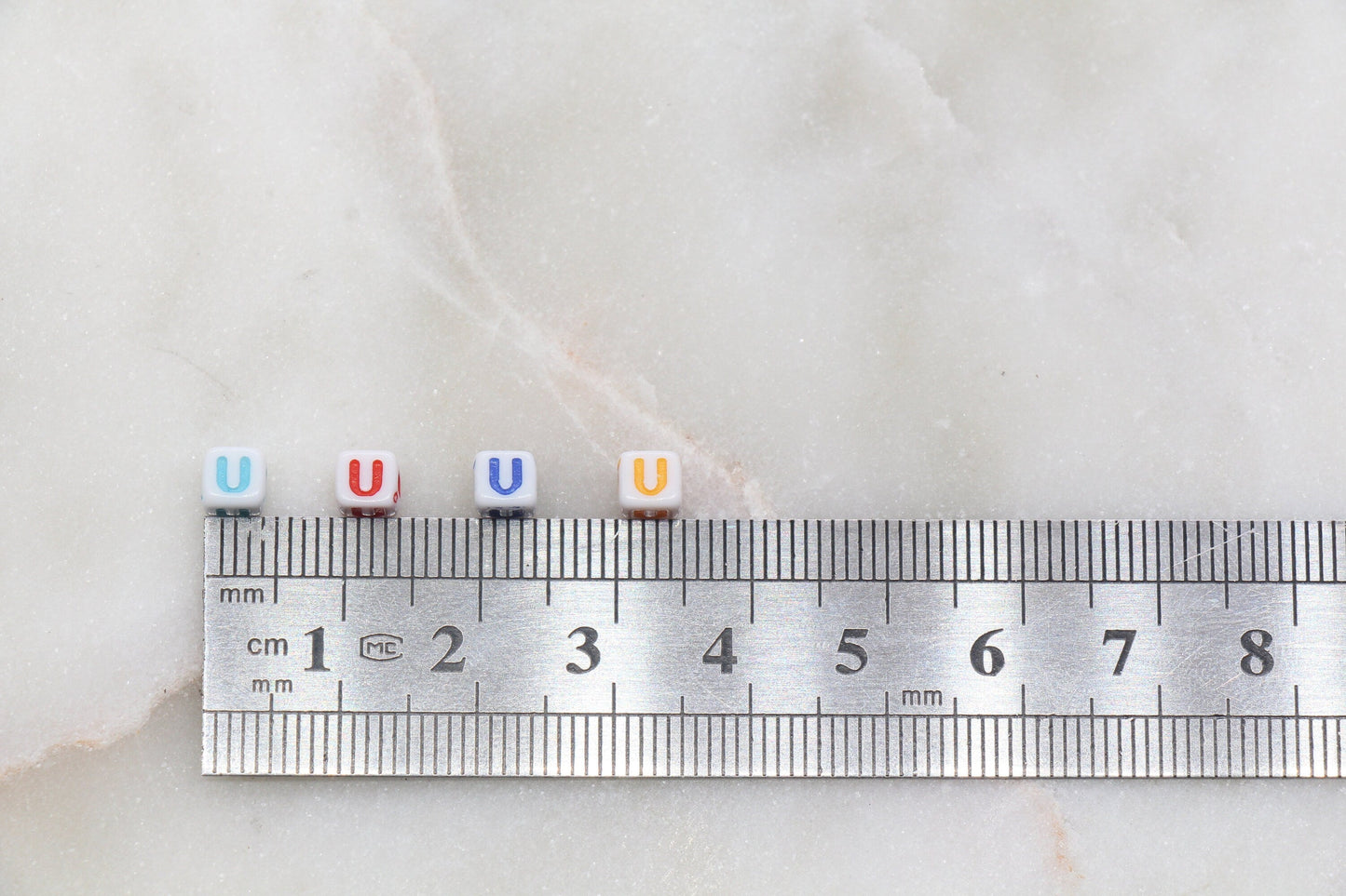 Letter U Cube Beads, Individual Letter Beads, Multicolored Cube Alphabet Beads, White with Rainbow Letter, Square Name Beads, Size 4.8mm