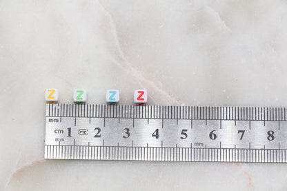 Letter Z Cube Beads, Individual Letter Beads, Multicolored Cube Alphabet Beads, White with Rainbow Letter, Square Name Beads, Size 4.8mm