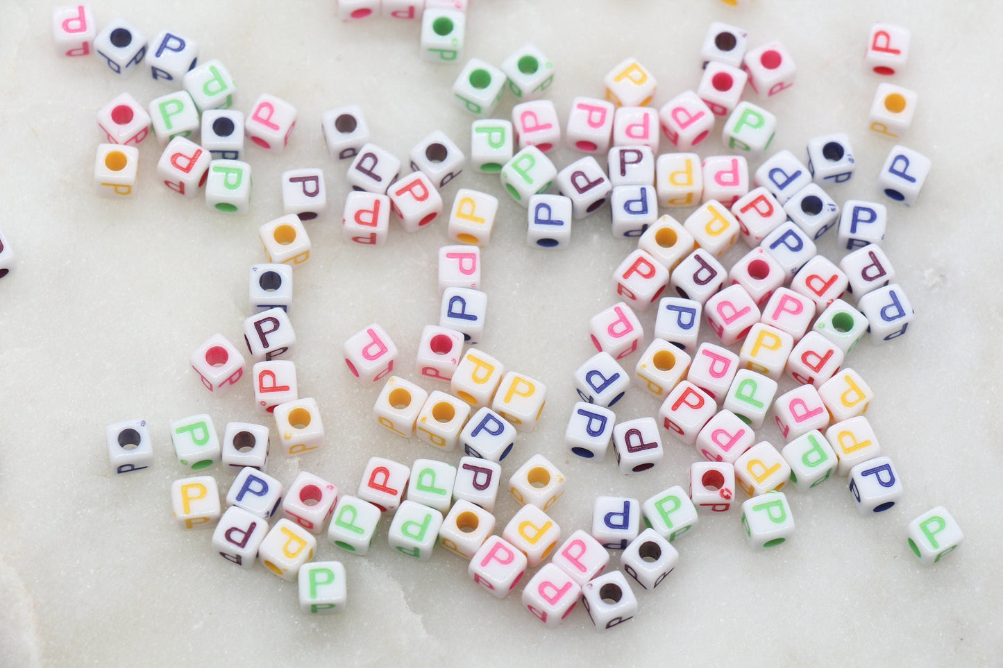 Letter P Cube Beads, Individual Letter Beads, Multicolored Cube Alphabet Beads, White with Rainbow Letter, Square Name Beads, Size 4.8mm