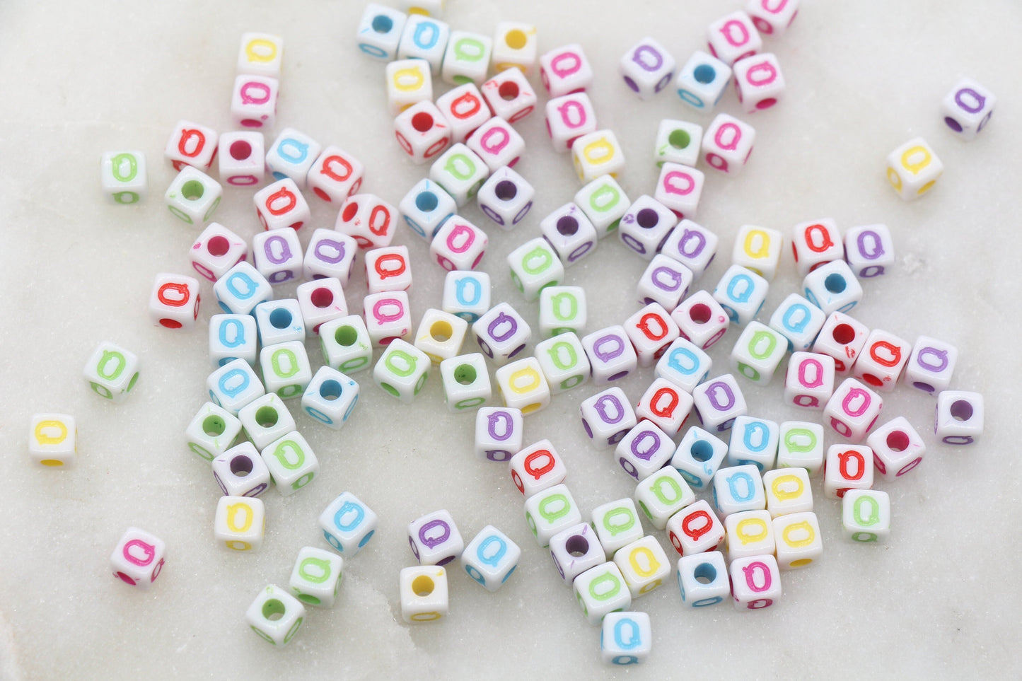 Letter Q Cube Beads, Individual Letter Beads, Multicolored Cube Alphabet Beads, White with Rainbow Letter, Square Name Beads, Size 4.8mm