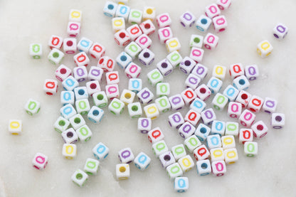 Letter Q Cube Beads, Individual Letter Beads, Multicolored Cube Alphabet Beads, White with Rainbow Letter, Square Name Beads, Size 4.8mm