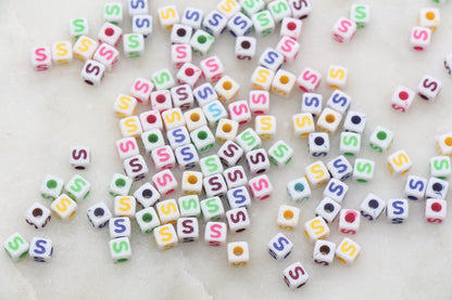 Letter S Cube Beads, Individual Letter Beads, Multicolored Cube Alphabet Beads, White with Rainbow Letter, Square Name Beads, Size 4.8mm