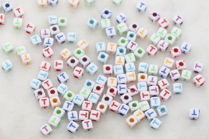 Letter T Cube Beads, Individual Letter Beads, Multicolored Cube Alphabet Beads, White with Rainbow Letter, Square Name Beads, Size 4.8mm