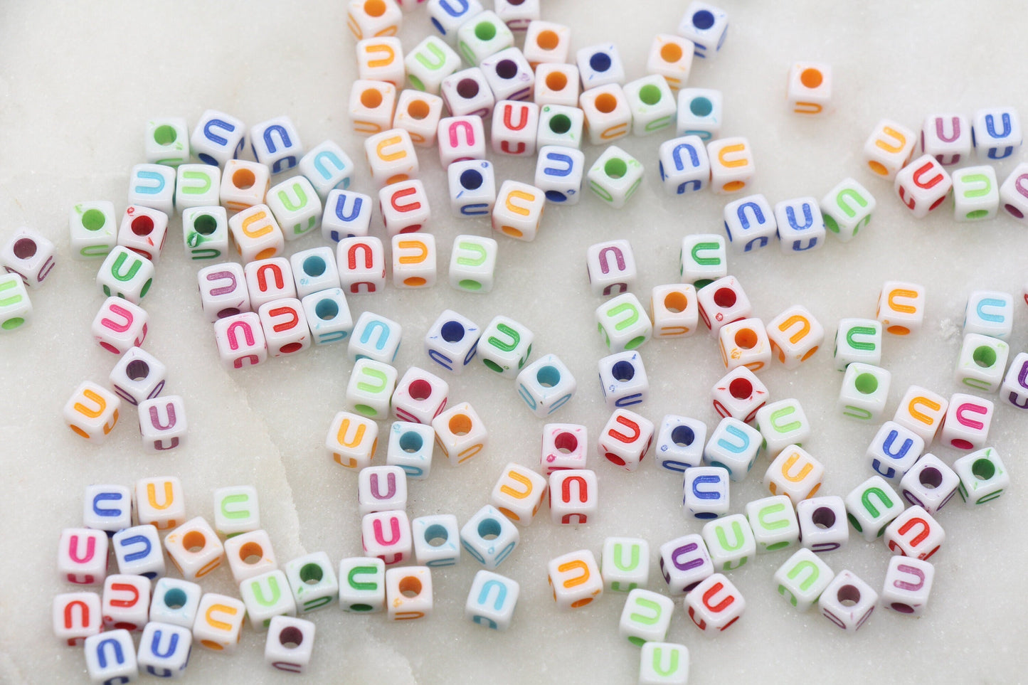 Letter U Cube Beads, Individual Letter Beads, Multicolored Cube Alphabet Beads, White with Rainbow Letter, Square Name Beads, Size 4.8mm