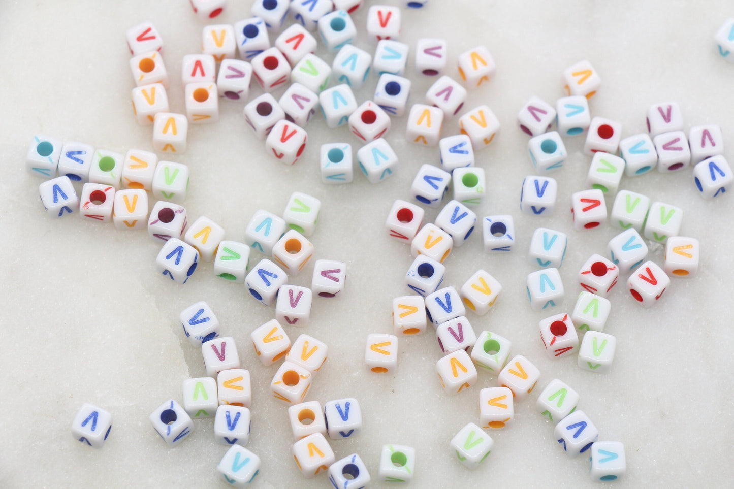 Letter V Cube Beads, Individual Letter Beads, Multicolored Cube Alphabet Beads, White with Rainbow Letter, Square Name Beads, Size 4.8mm