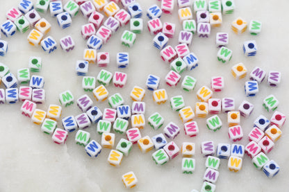 Letter W Cube Beads, Individual Letter Beads, Multicolored Cube Alphabet Beads, White with Rainbow Letter, Square Name Beads, Size 4.8mm