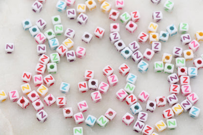 Letter Z Cube Beads, Individual Letter Beads, Multicolored Cube Alphabet Beads, White with Rainbow Letter, Square Name Beads, Size 4.8mm