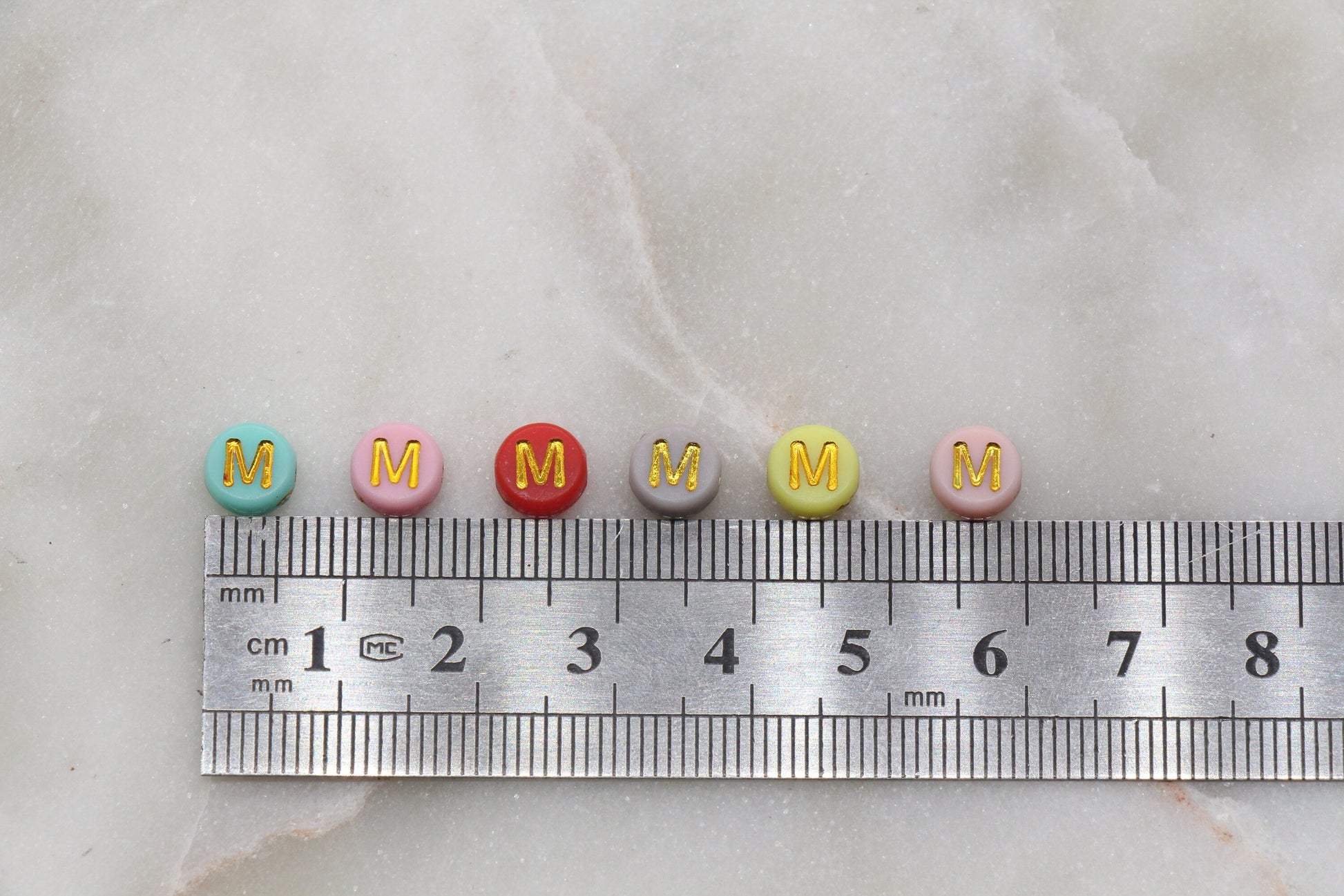 Letter M Round Beads, Individual Letter Beads, Multicolor Round Alphabet Letter Beads, Gold Letter Beads, Round Name Beads, Size 7mm