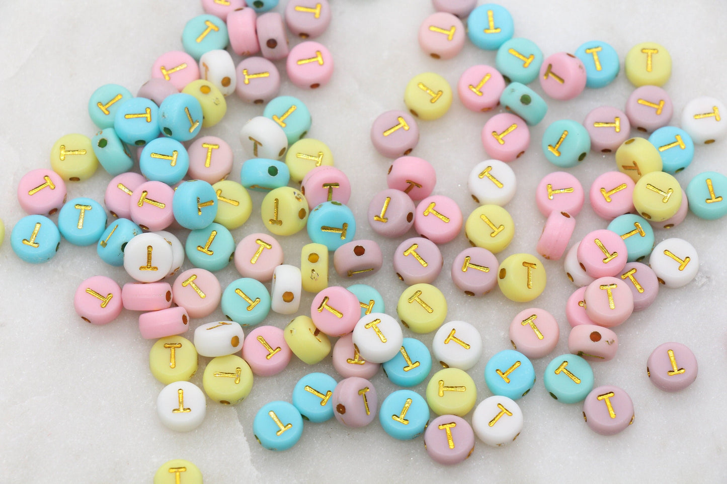 Letter T Round Beads, Individual Letter Beads, Multicolor Round Alphabet Letter Beads, Gold Letter Beads, Round Name Beads, Size 7mm