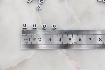 Letter U Cube Beads, White and Black Cube Alphabet Letter Beads, Black Acrylic Letter Beads, Acrylic Square Name Beads, Size 5mm