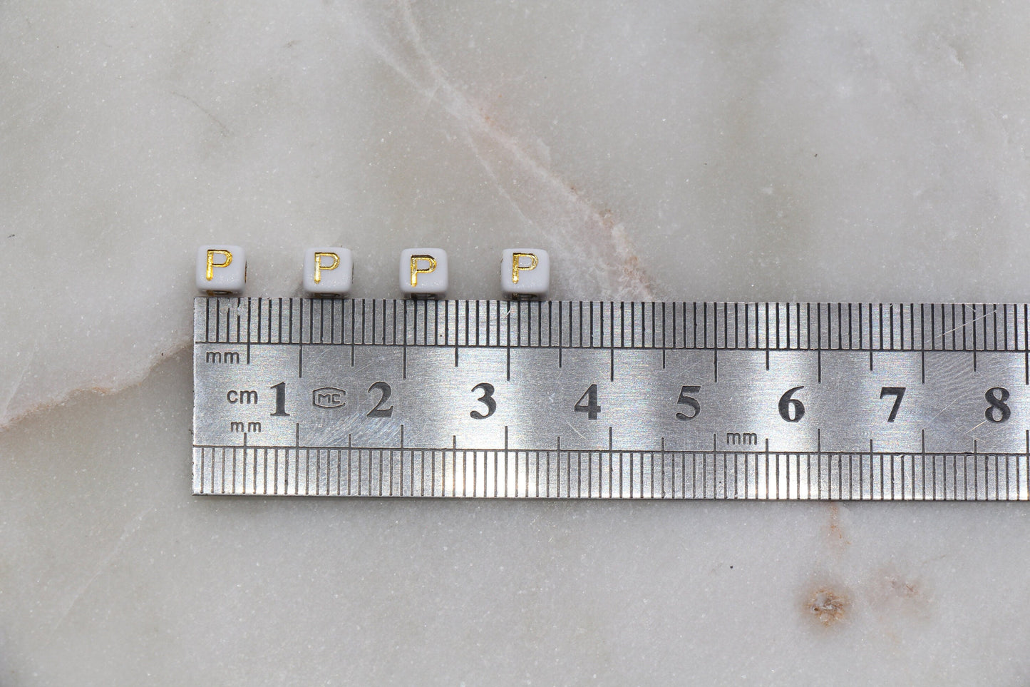 Letter P Cube Beads, Individual Letter Beads, White and Gold Cube Alphabet Letter Beads, Gold Letter Beads, Square Name Beads, Size 4.8mm