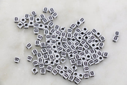 Letter B Cube Beads, White and Black Cube Alphabet Letter Beads, Black Acrylic Letter Beads, Acrylic Square Name Beads, Size 5mm