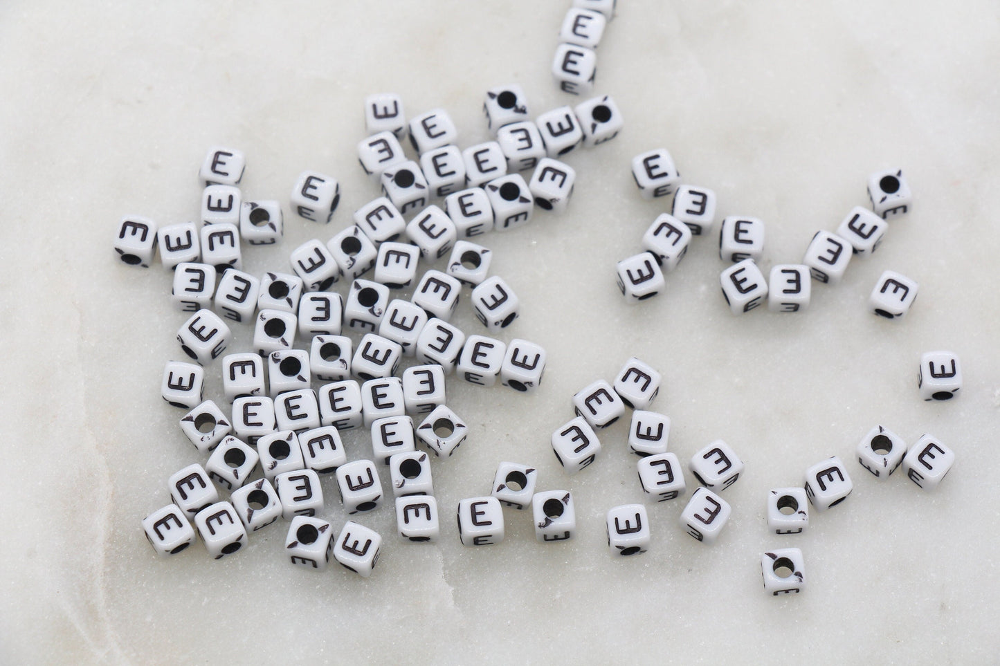 Letter E Cube Beads, White and Black Cube Alphabet Letter Beads, Black Acrylic Letter Beads, Acrylic Square Name Beads, Size 5mm