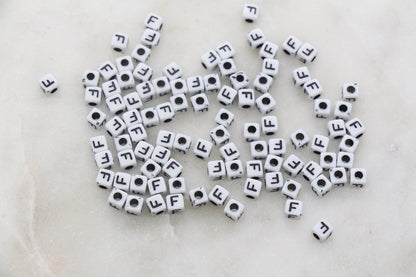 Letter F Cube Beads, White and Black Cube Alphabet Letter Beads, Black Acrylic Letter Beads, Acrylic Square Name Beads, Size 5mm