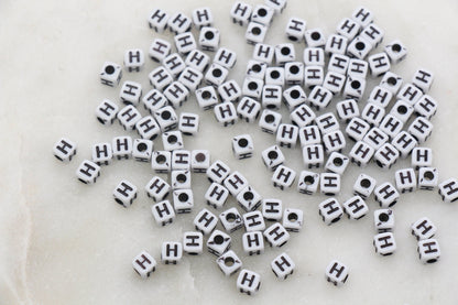 Letter H Cube Beads, White and Black Cube Alphabet Letter Beads, Black Acrylic Letter Beads, Acrylic Square Name Beads, Size 5mm